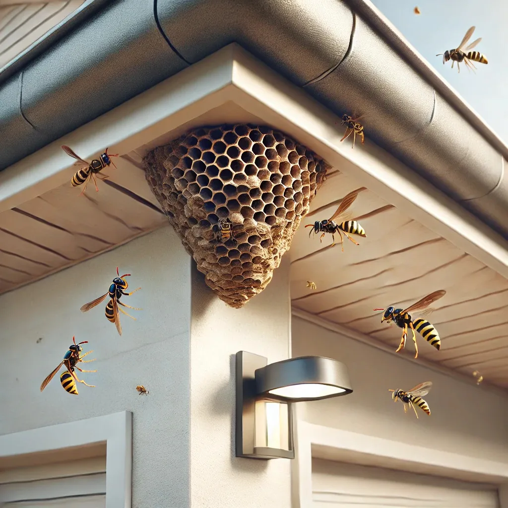 Wasp nest attached to a house exterior showing typical nesting location